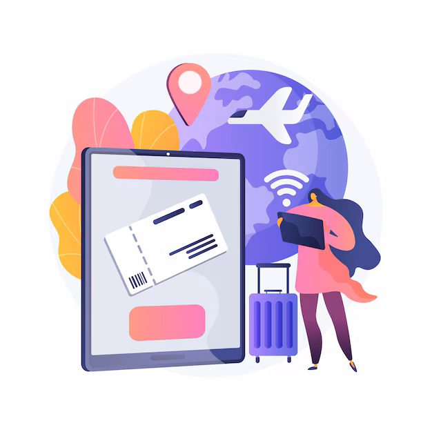 Image of a woman looking for internet on a tablet while there is an airplane on the back and the world